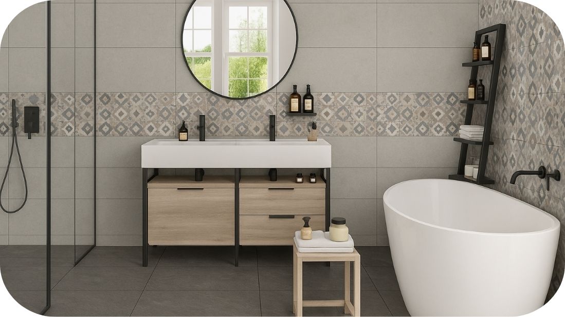 Moderno sivo kupatilo sa dekor pločicama i crnim detaljima