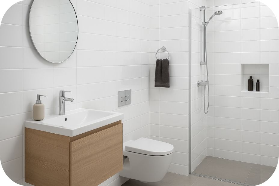 Kupatilo sa belim sjajnim zidnim pločicama