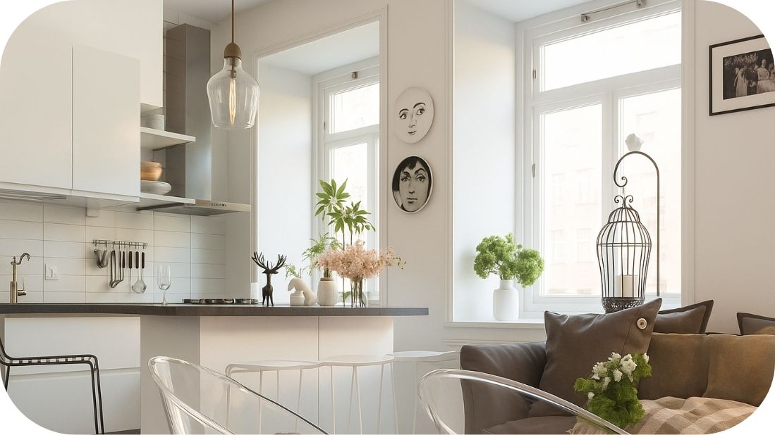 Skandinavska bela kuhinja s drvenom radnom pločom, providnim stolicama i biljkama u prostoru punom prirodne svetlosti