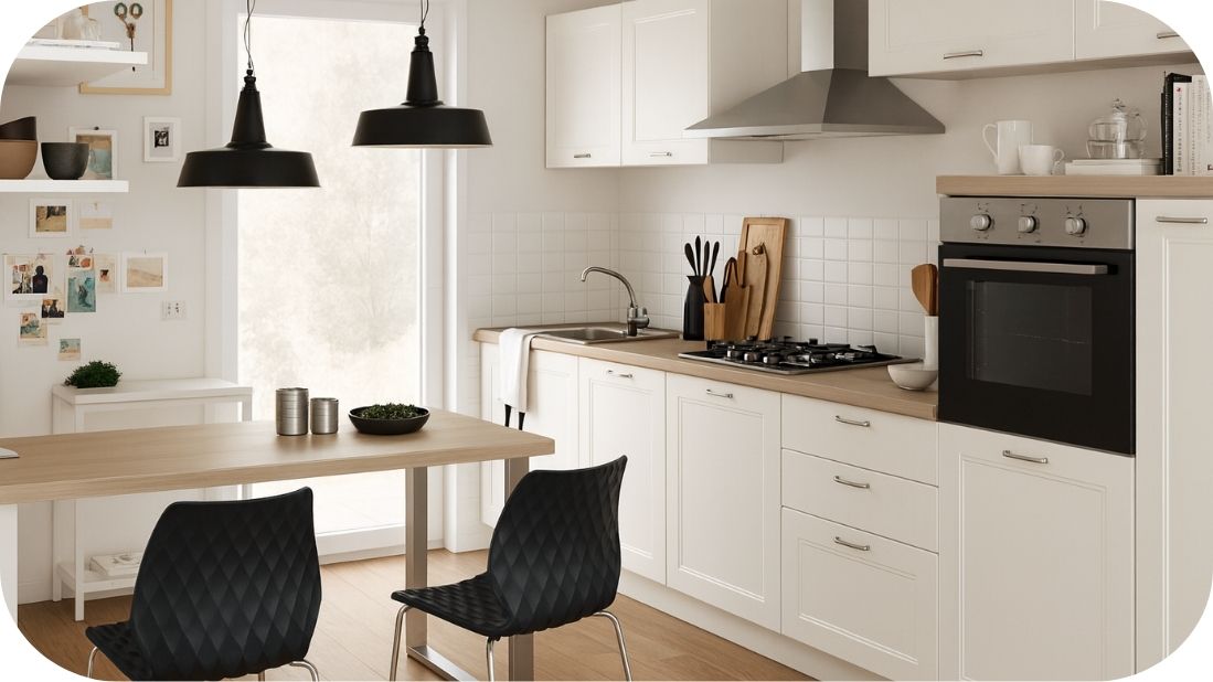 Skandinavska kuhinja u belim tonovima sa drvenim detaljima