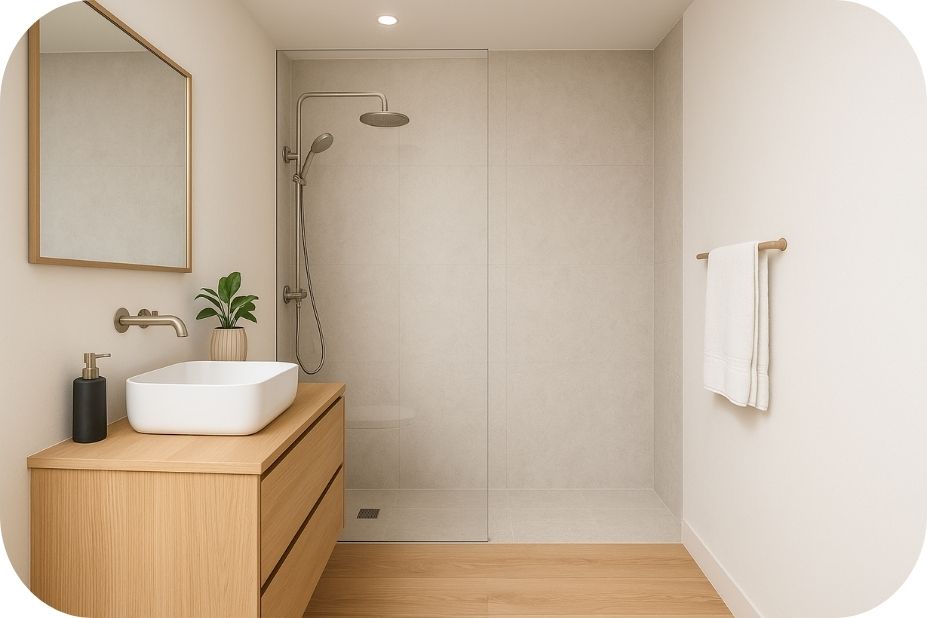 Skandinavski dizajn tuš zone sa svetlim pločicama, drvenim detaljima i diskretnim staklom