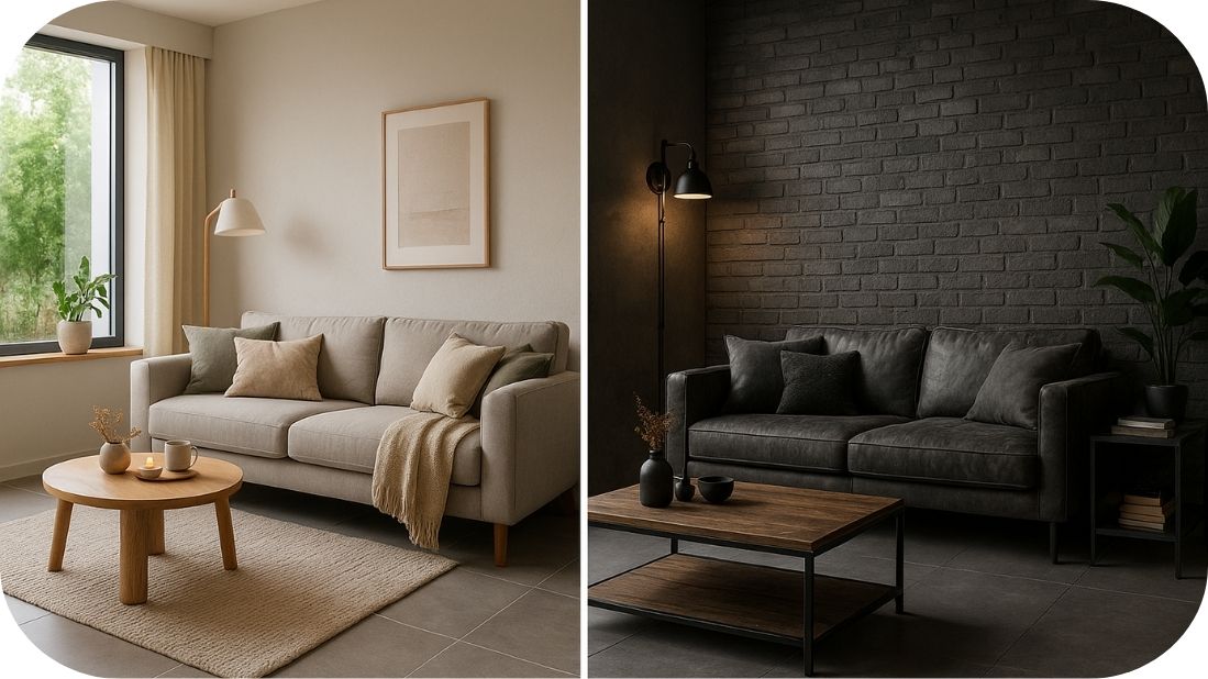 Kolaž skandinavskog i industrijskog enterijera sa sivim pločicama