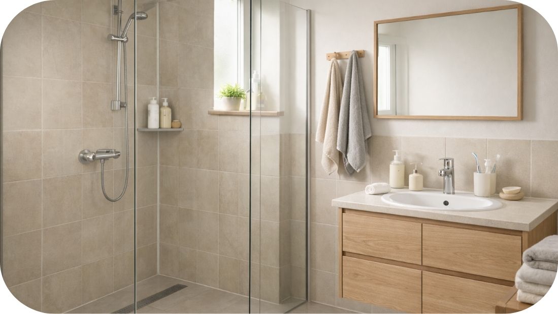 Skandinavsko kupatilo sa staklenom tuš kabinom i linearnom kanalicom