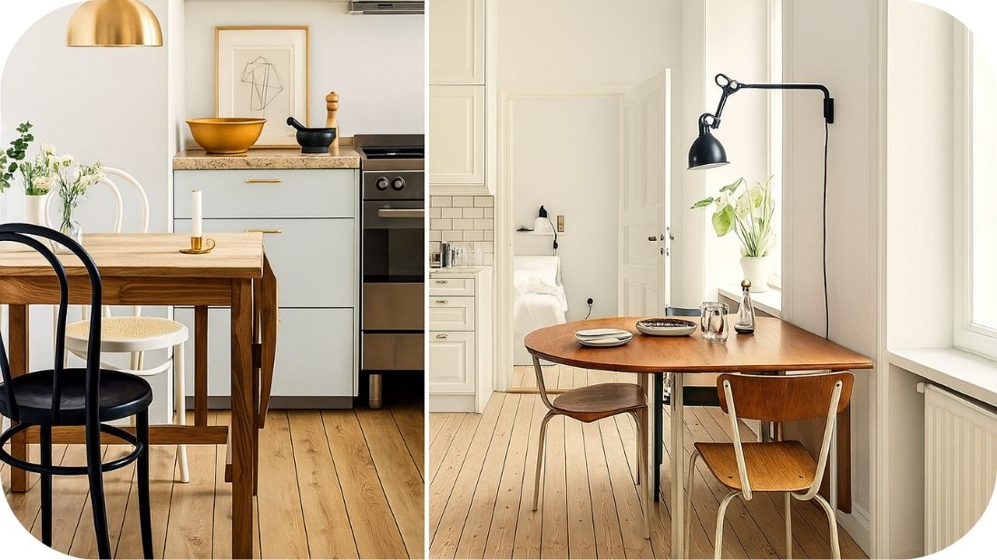 Male trpezarije sa sklopivim stolovima i jednostavnim stolicama