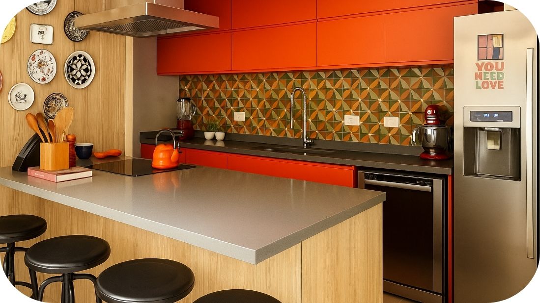 Slavina za sudoperu u modernoj kuhinji sa narandžastim elementima i pločicama u retro dezenu