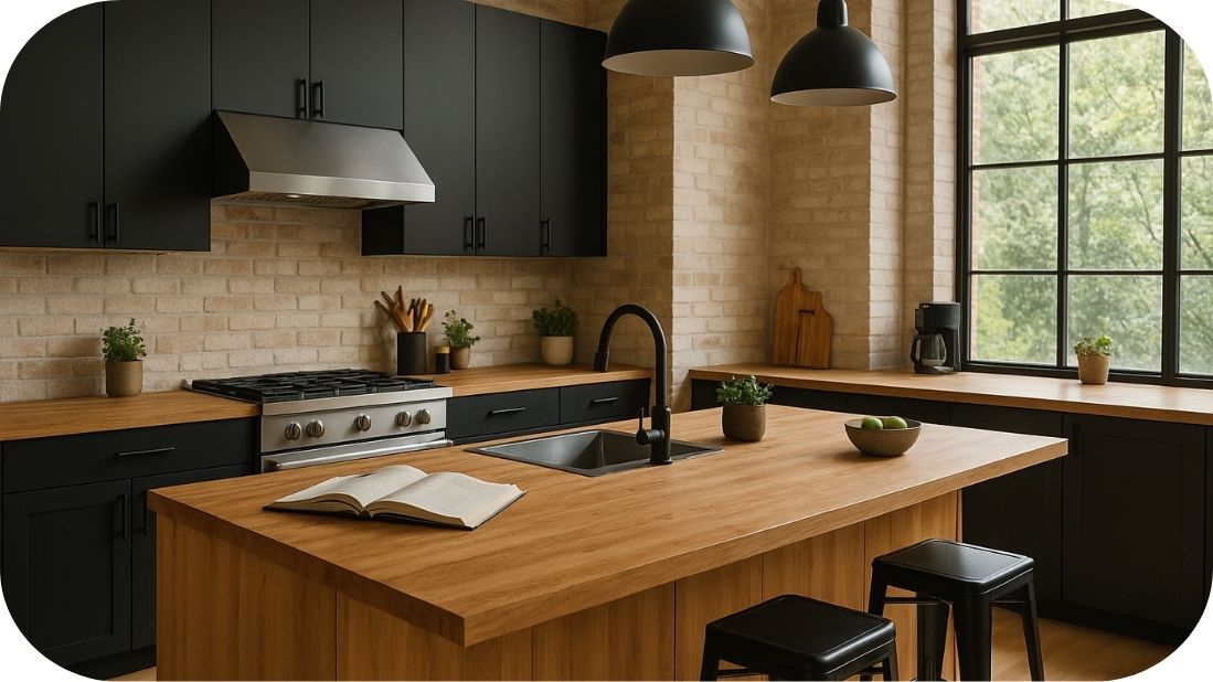 Soft Loft kuhinja sa svetlom ciglom, drvenim radnim pločama, crnim ormarićima, loft prozorima i prirodnim dnevnim svetlom