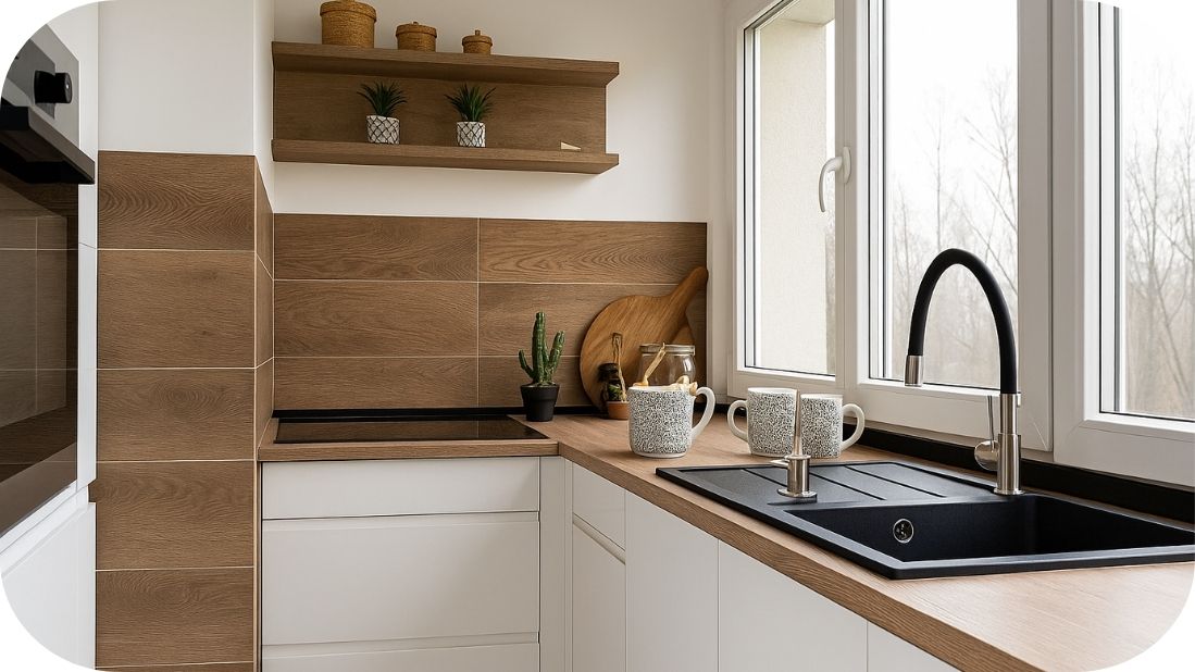 Svetla moderna kuhinja sa drvenim detaljima i prirodnim svetlom