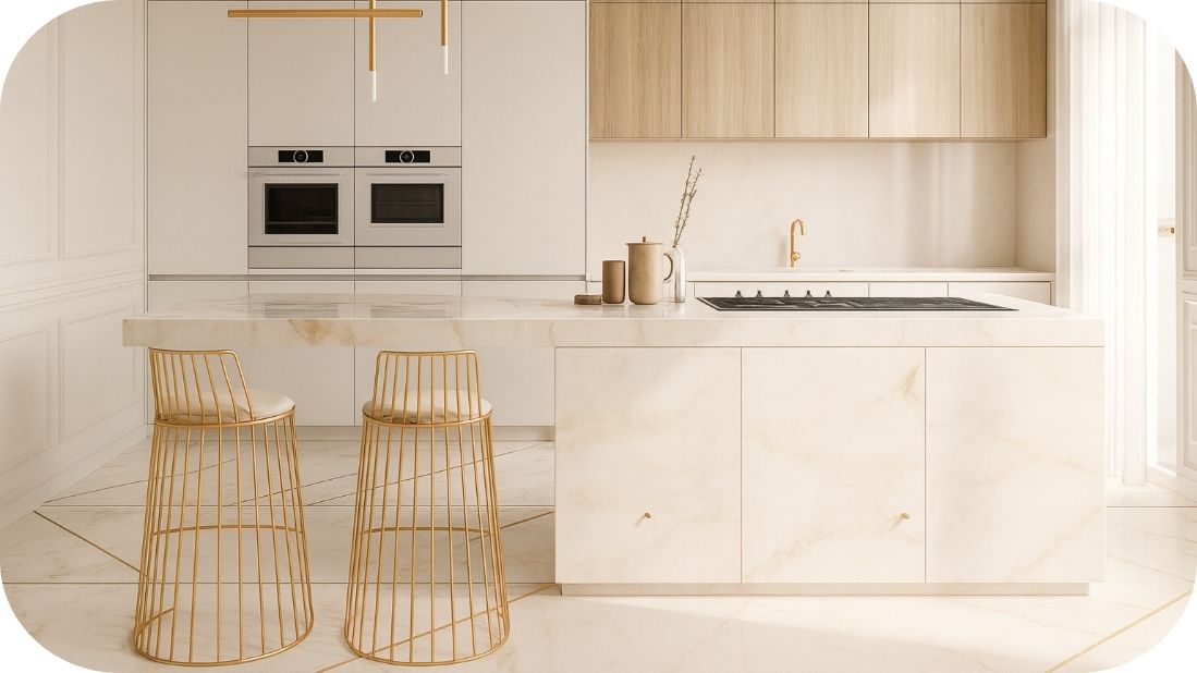Svetla kuhinja sa mermernim detaljima i zlatnim akcentima