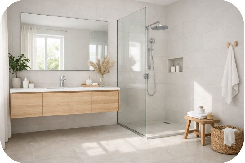 Svetlo kupatilo sa belim pločicama i puno prirodne svetlosti