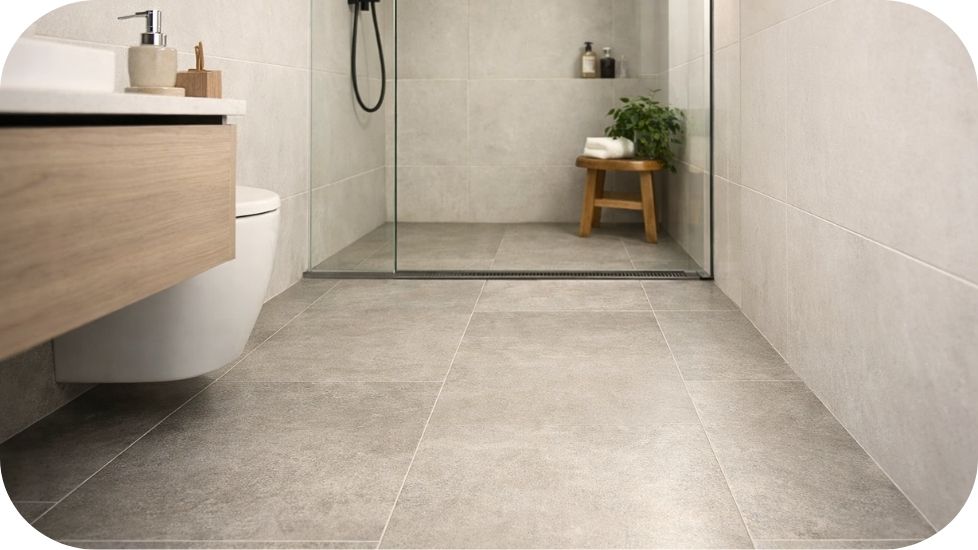 Svetlosive podne pločice u kupatilu sa pravcem postavljanja koji vizuelno produžava prostor