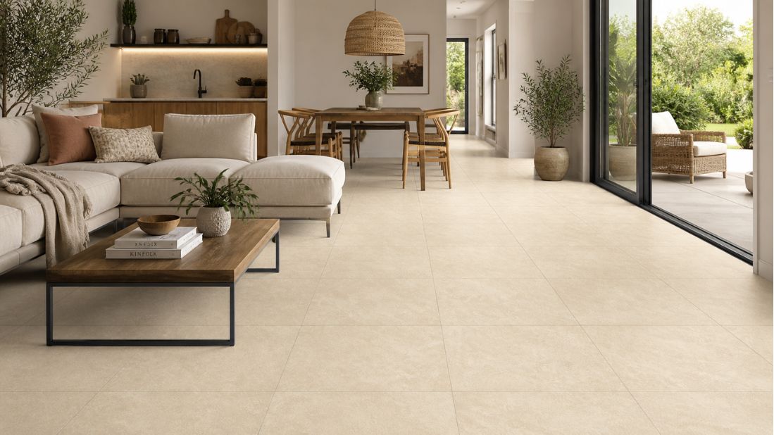 Tala Sand Punch 60x60 podne pločice u dnevnoj sobi u toplim bež tonovima