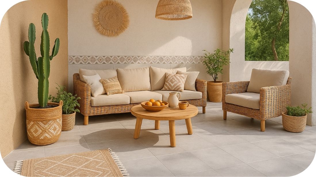 Terasa u mediteranskom boho stilu sa svetlosivim pločicama i prirodnim dekorom