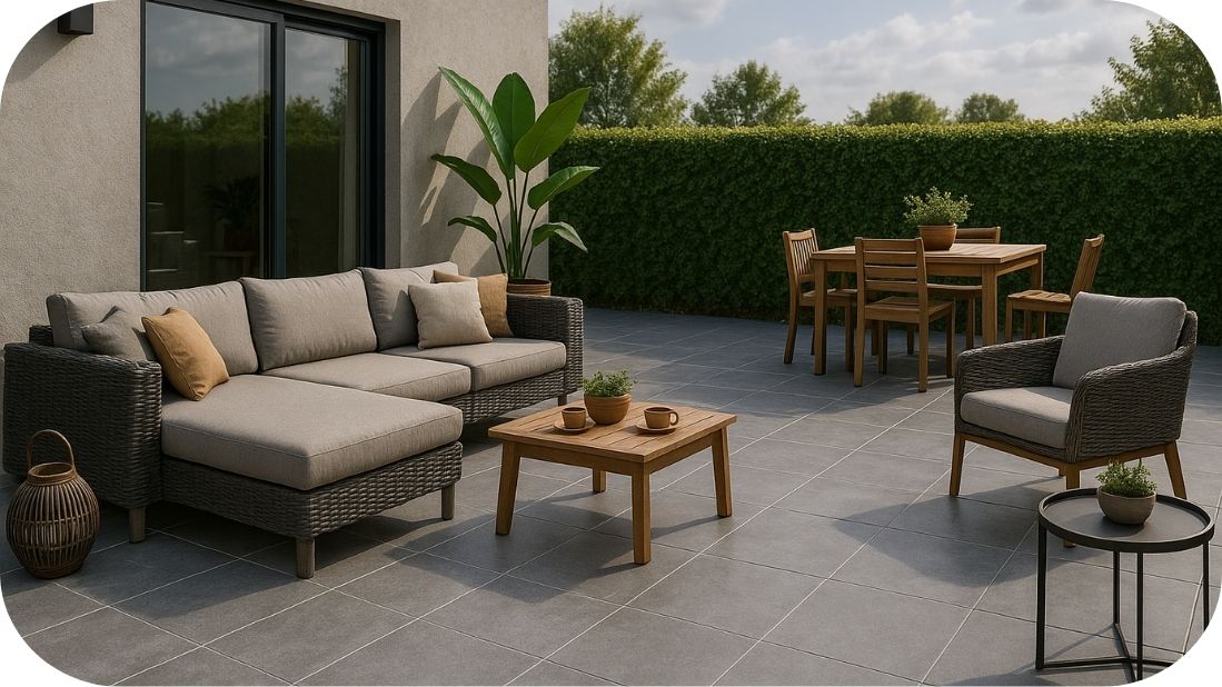 Moderna terasa sa velikim sivim podnim pločicama, garniturom od pletenog materijala i drvenim trpezarijskim setom