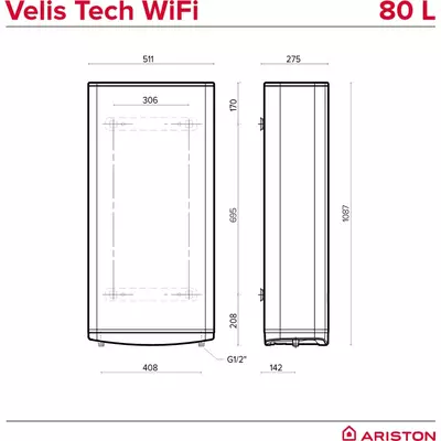 Bojler Ariston Velis 80L WIFI Sivi, Dostupne boje: Sivi, Model: 80L-4