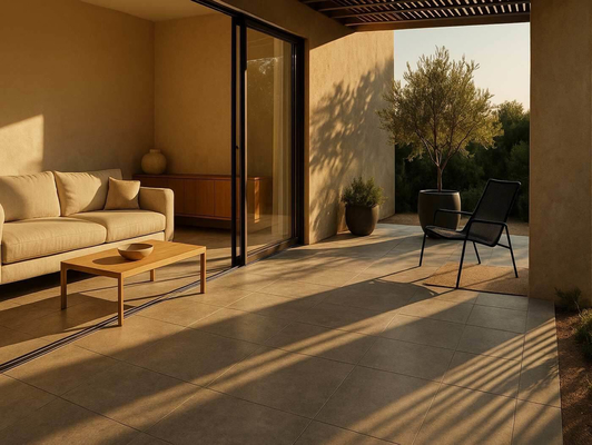 Moderna dnevna soba koja se otvara ka terasi popločanoj sivim pločicama u toplom popodnevnom svetlu