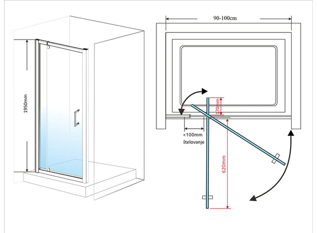 Tuš paravan EX-221 90-100cm, Širina: 90-100-9