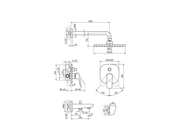 Ugradna baterija sa izlivom, ručnim i zidnim četvrtastim tušem Stolz, Modeli: Uzidni set (kvadratni)-2