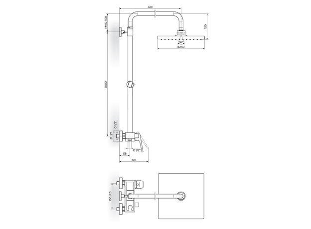 Tuš baterija sa kvadratnim usponskim tušem Stolz, Modeli: Tuš baterija sa kvadratnim usp. tušem-2