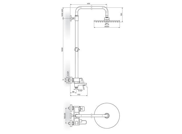 Tuš baterija sa okruglim usponskim tušem i izlivom Stolz-2
