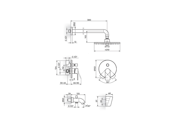 Ugradna baterija za tuš sa izlivom S2 Black, Modeli: Ugradni set (izliv i zidni tuš)-2