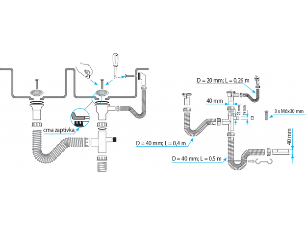 Sifon elastični 2/1 sa prelivom i priključkom za mašinu-2