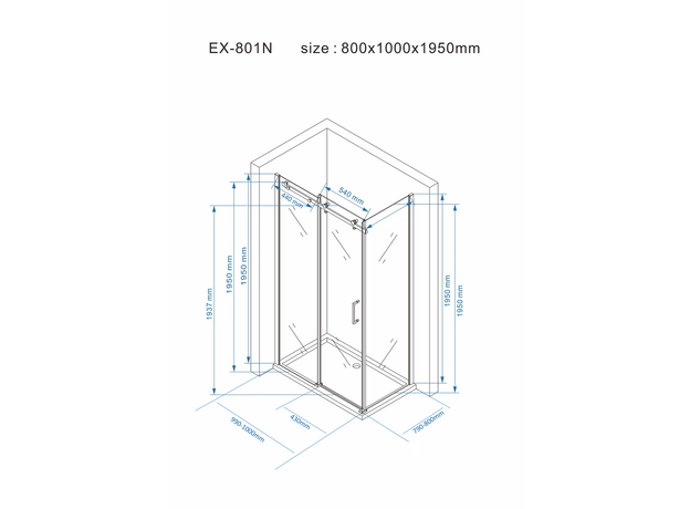 Tuš kabina EX-801N 80x100cm, Dimenzija: 80x100, Boja profila: Silver, Vrsta stakla: Providno-9