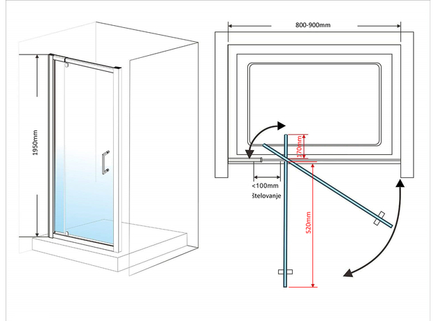 Tuš paravan EX-221 80-90cm, Širina: 80-90-10