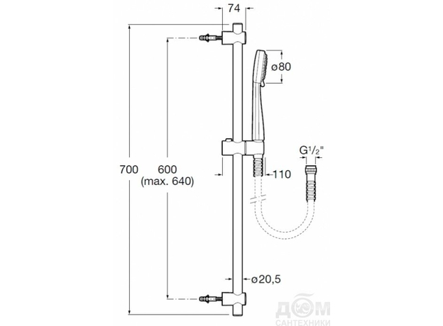 Klizna šipka sa tuš crevom i ručicom Sella 80 3f-2