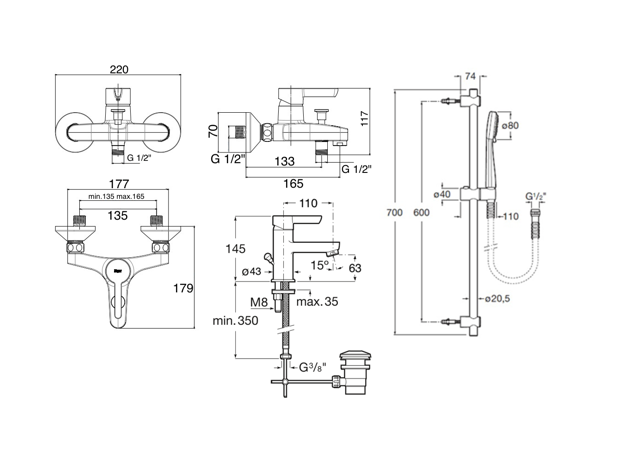 Set 3/1 baterija za kadu, lavabo i klizna šipka Saona, Modeli: Set 3/1-2