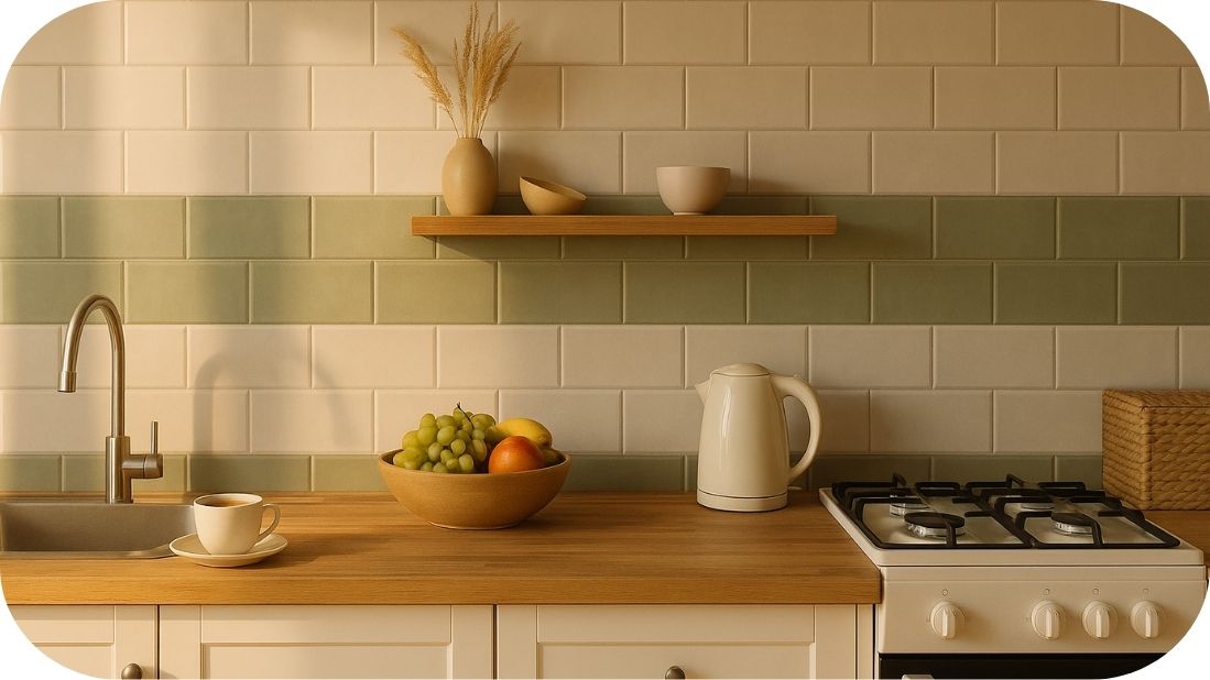 Topla kuhinja sa pločicama u bež i maslinasto zelenim tonovima