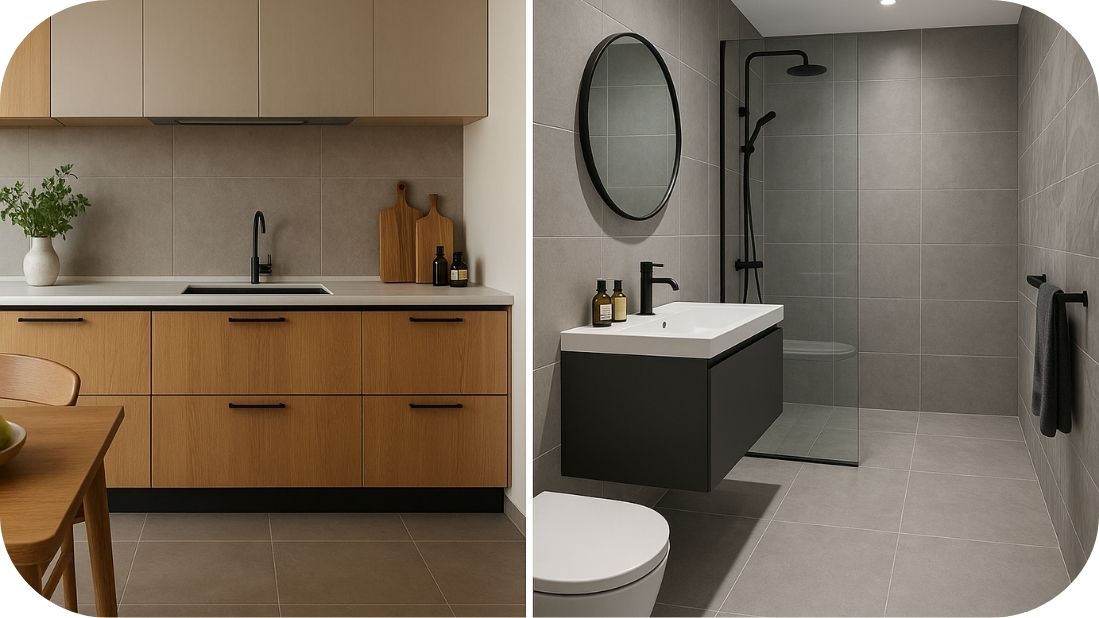 Kolaž tople sive kuhinje i modernog kupatila sa hladnim sivim pločicama