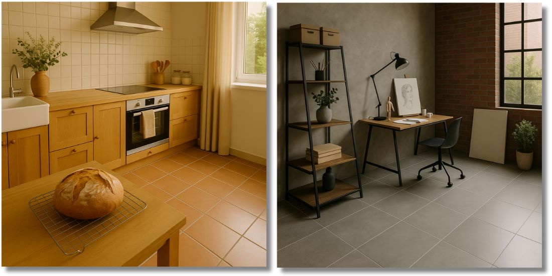 Kvadratne pločice u toplim i industrijskim enterijerima doma