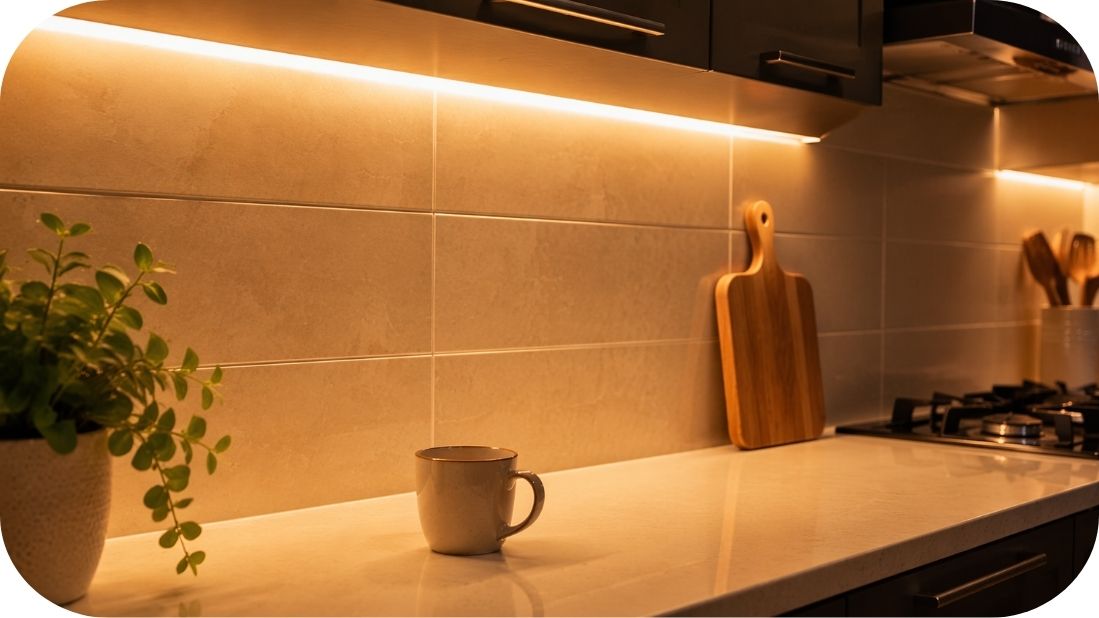 Detalj kuhinje sa toplom LED rasvetom koja naglašava pločice i radnu površinu