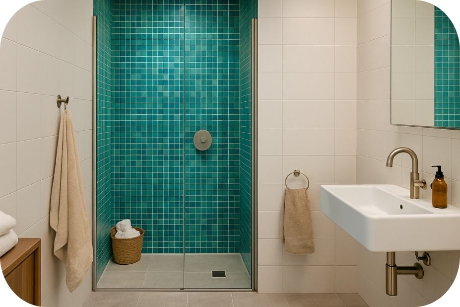 Transparentna tuš zona sa providnim staklom i prelivanjem svetlosti kroz prostor