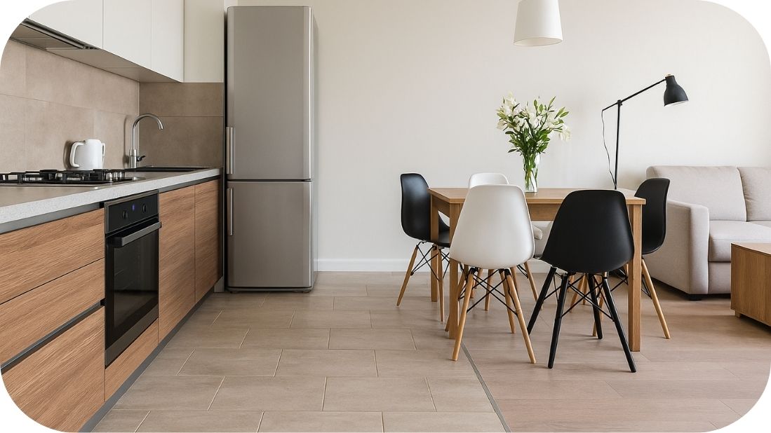 Mala trpezarija koja se nadovezuje na kuhinju sa svetlim granitnim pločicama i drvenim stolom