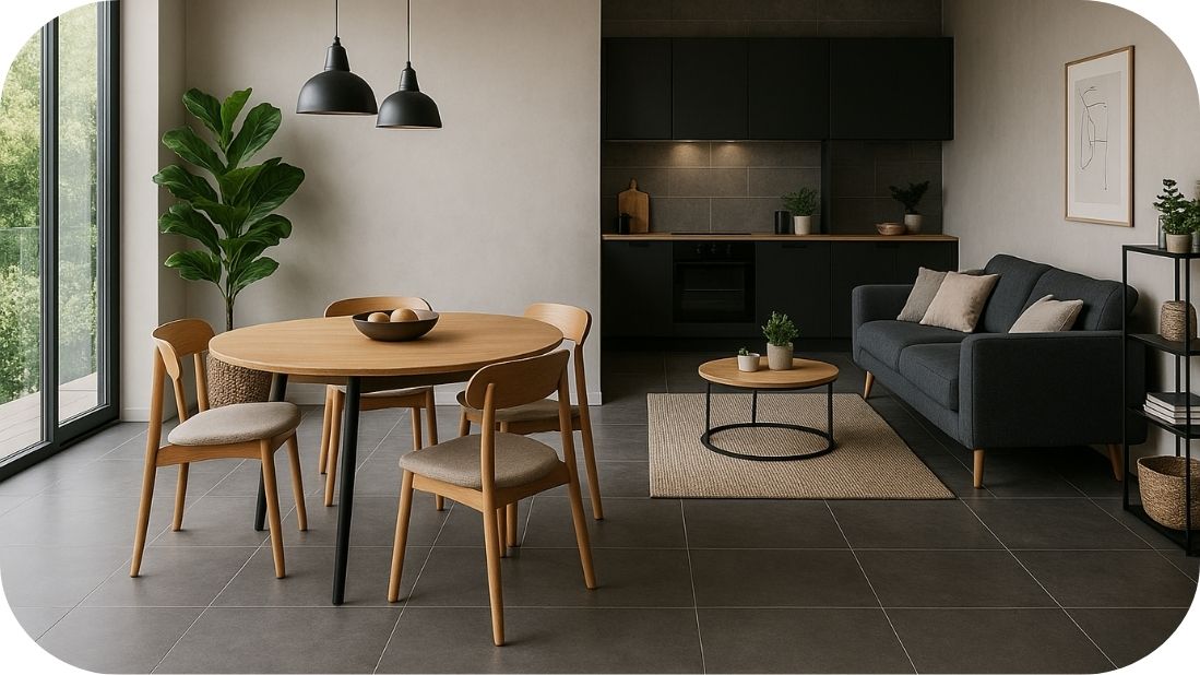 Moderna trpezarija sa okruglim stolom i tamnosivim pločicama u otvorenom prostoru