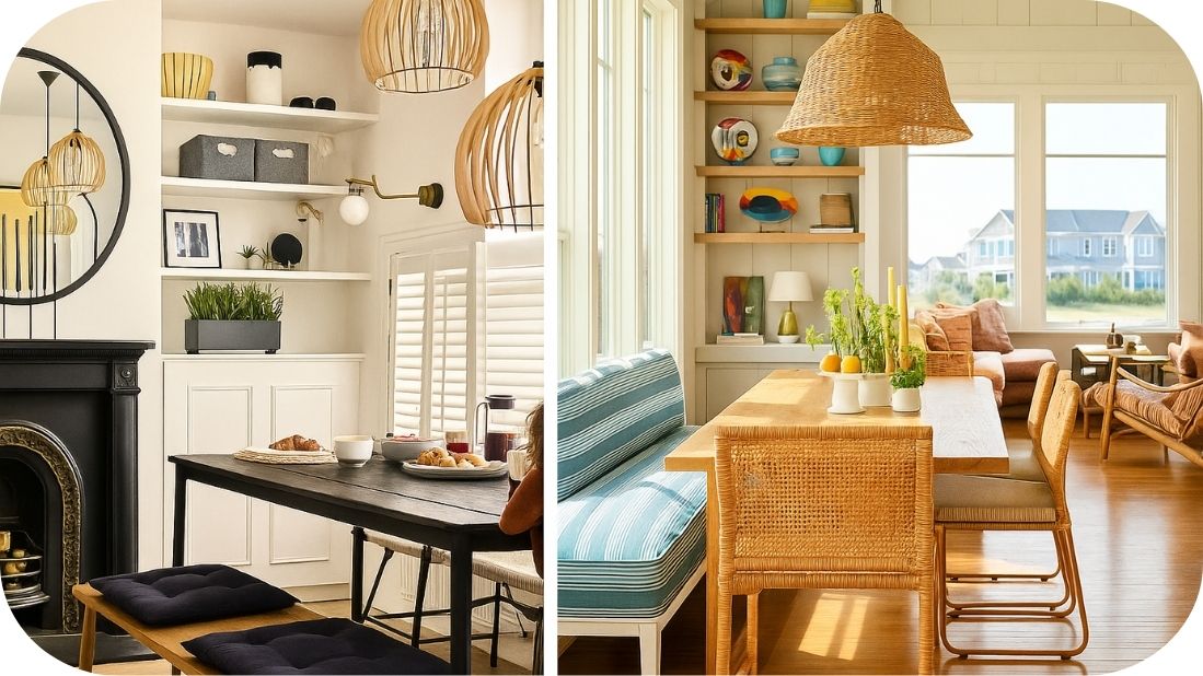 Trpezarie sa visećim lampama od ratana, prirodnim svetlom i toplim bojama enterijera