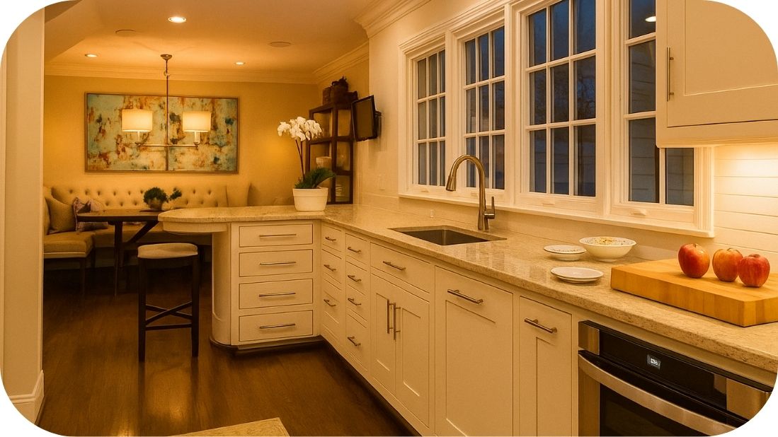 Topla bela kuhinja u elegantnom klasičnom stilu i integrisanim kutkom za ručavanje