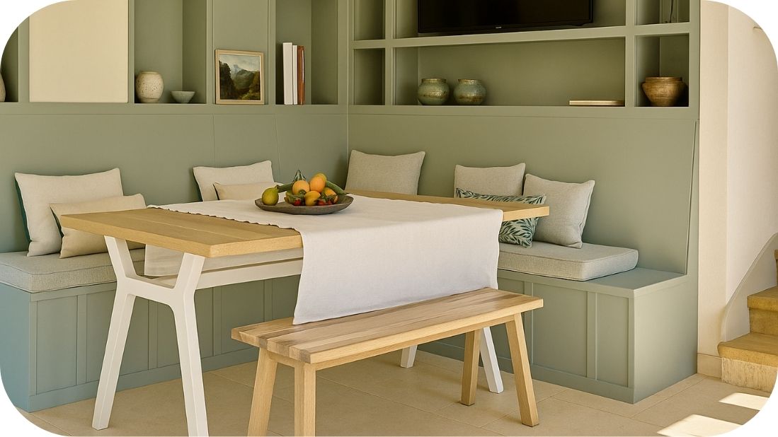 Ugradna trpezarija sa zelenom klupom, drvenim stolom i toplim prirodnim svetlom