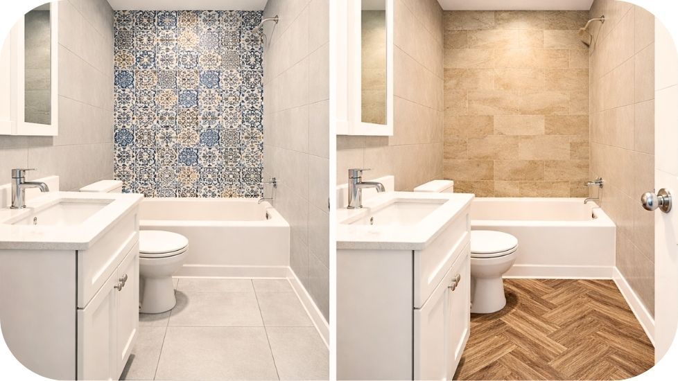 Uporedni prikaz dva rešenja pločica u istom kupatilu sa različitim dezenima i efektom prostora