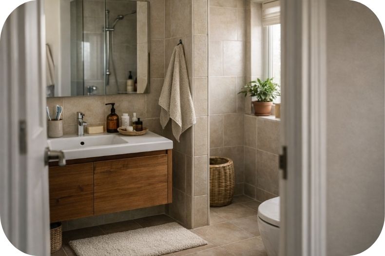 Uređenje kupatila – pogled u kupatilo kroz otvorena vrata sa lavaboom i dekor pločicama