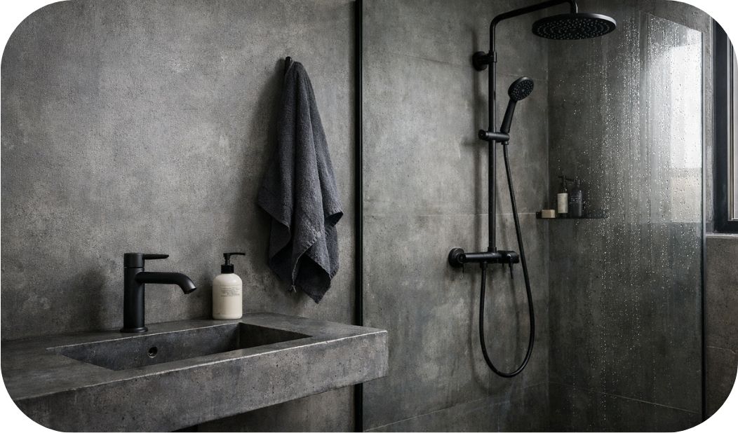 Usklađene mat crne baterije za lavabo, tuš i kadu u industrijskom kupatilu sa betonskim pločicama