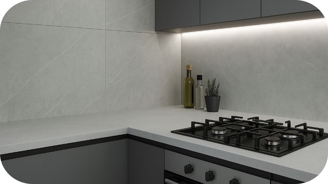 Velike pločice u monohromnoj kuhinji – elegancija sivih tonova