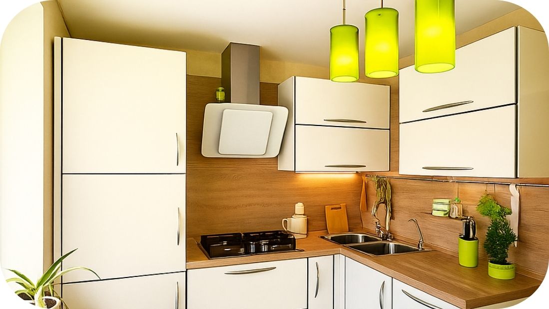 Kompaktna kuhinja sa drvenim dekorom i modernom ventilacijom