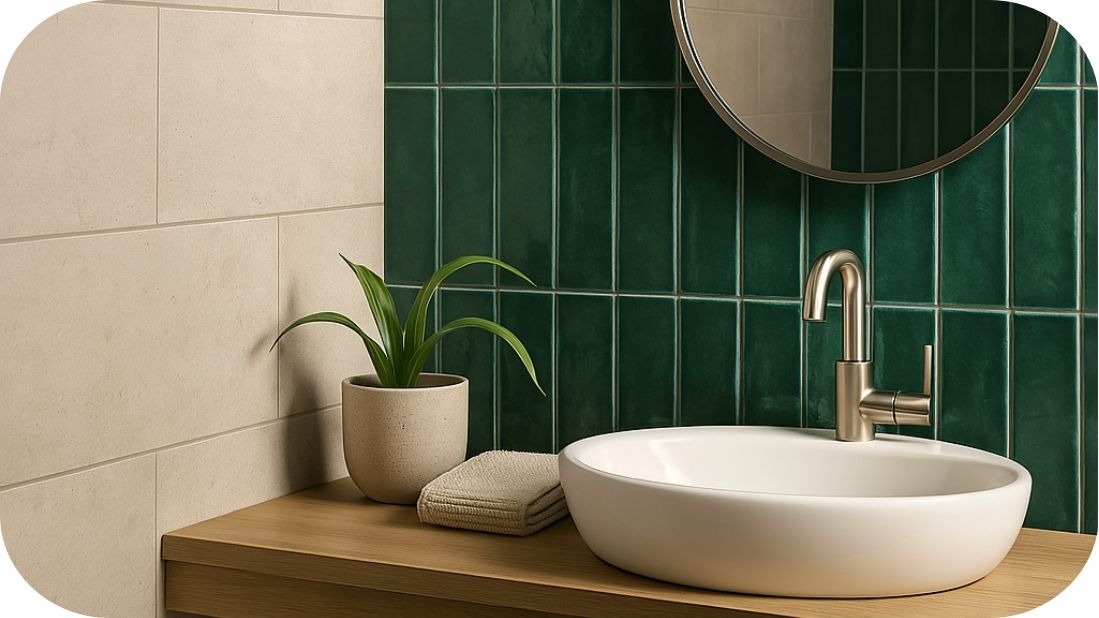 Vertikalno postavljene zidne pločice za kupatilo u toplim tonovima