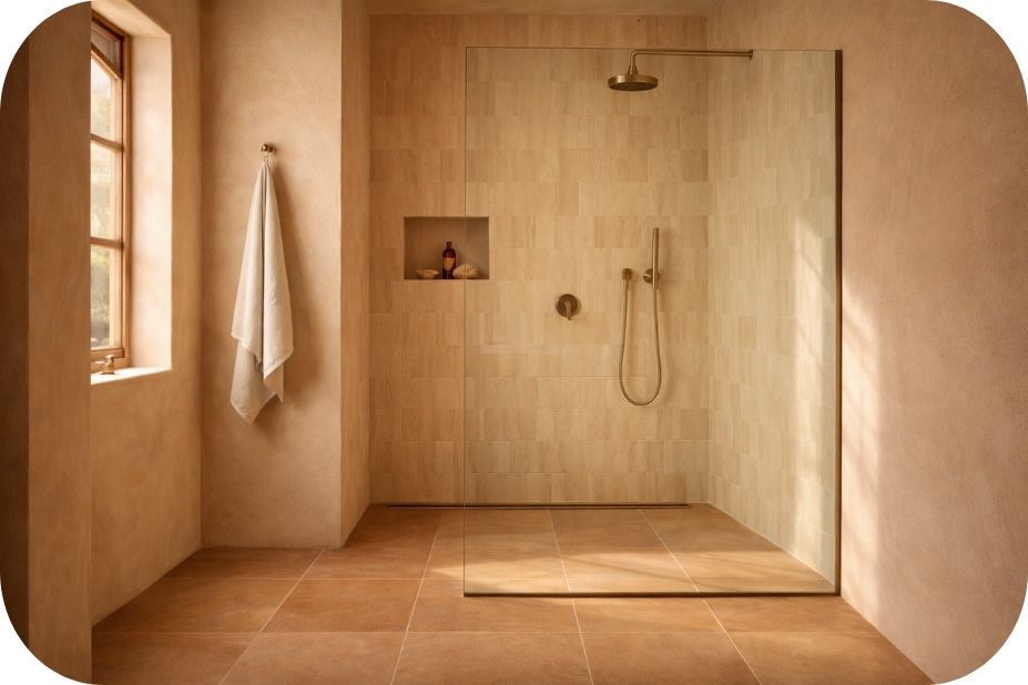 Walk-in tuš kabina u mediteranskom stilu sa linearnom kanalicom uz zadnji zid i pravilno dimenzionisanim staklom