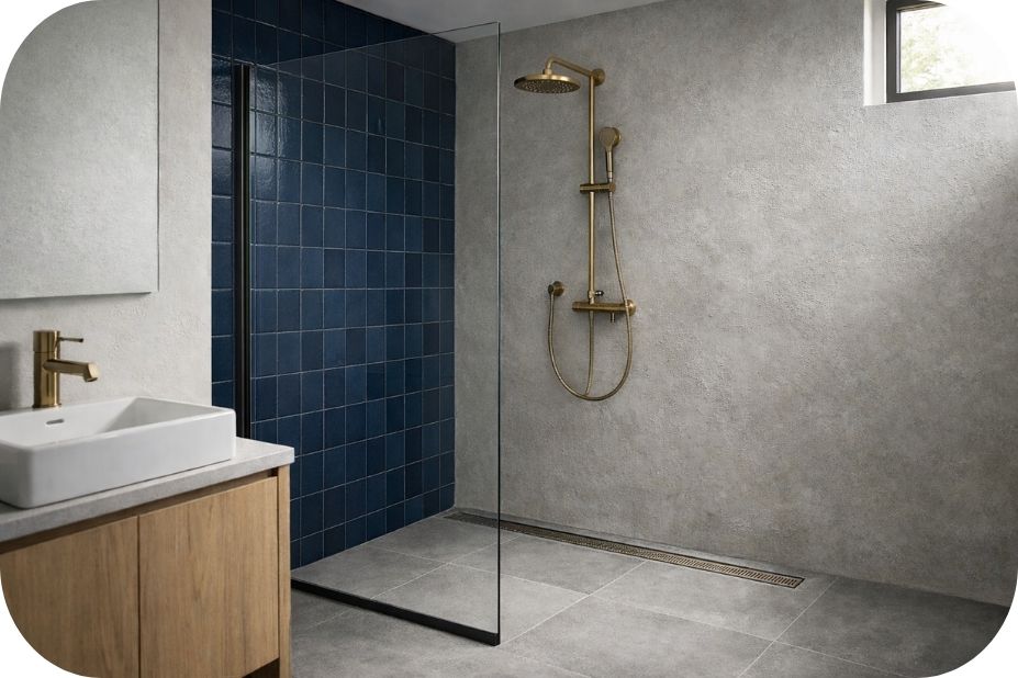 Walk-in tuš kabina u ugaonom rasporedu sa plavim pločicama i linearnim odvodom uz bočni zid