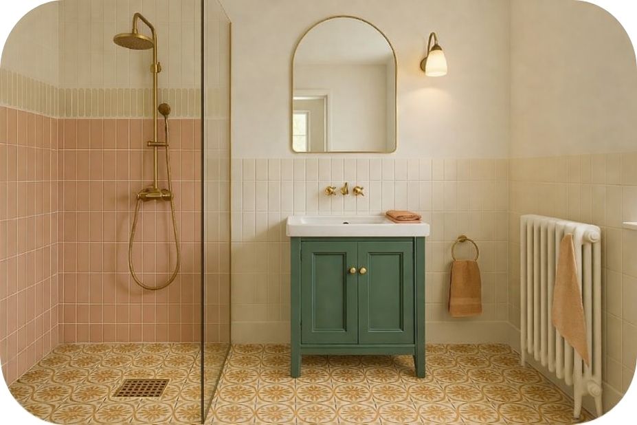 Walk-in tuš kabina sa vertikalno postavljenim pločicama i kvadratnom podnom rešetkom u zoni tuša