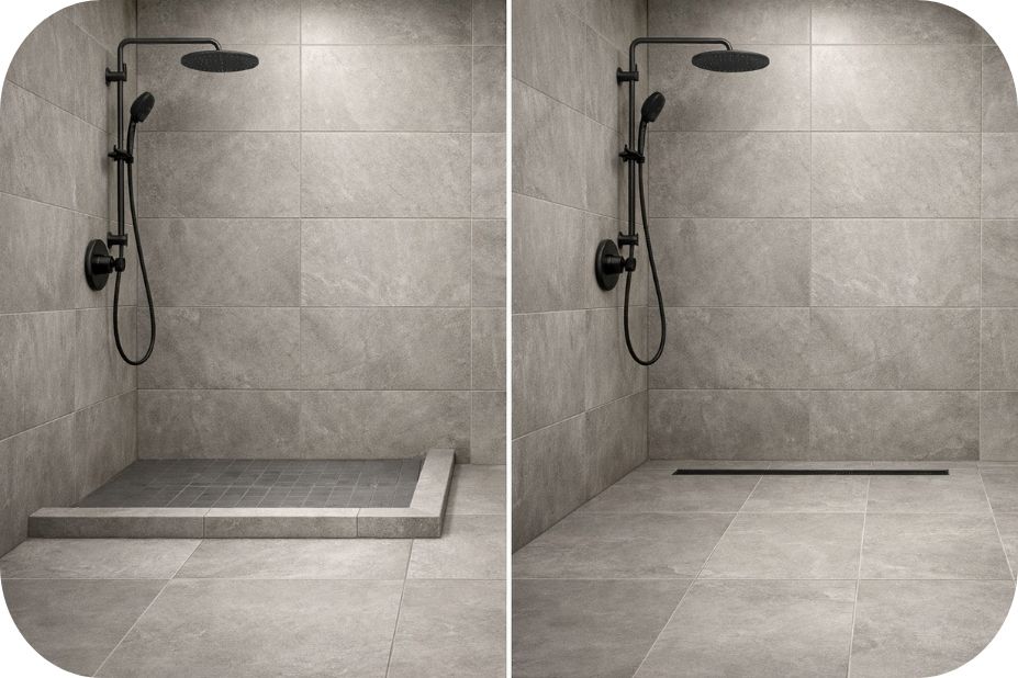 Walk-in tuš – prag naspram ravnog poda sa linearnom kanalicom