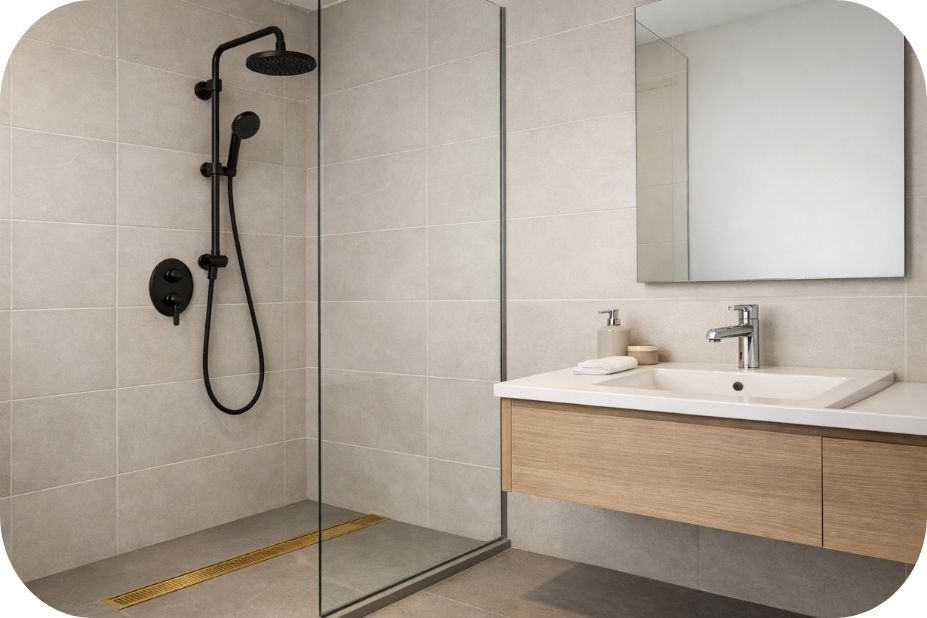 Walk-in tuš sa mešanjem metalnih završnih obrada – crni tuš sistem, hrom baterija i zlatna kanalica